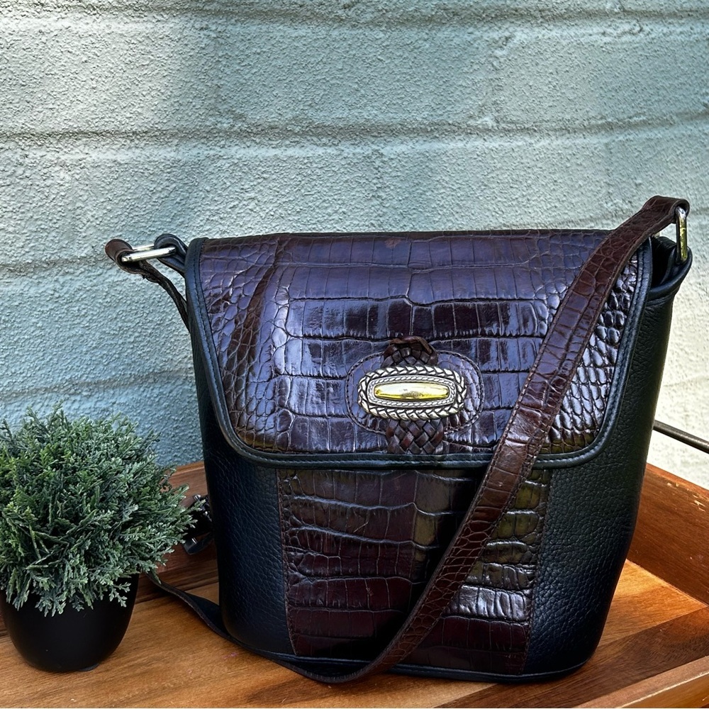Brighton Leather Croc Medium Crossbody Bucket Bag